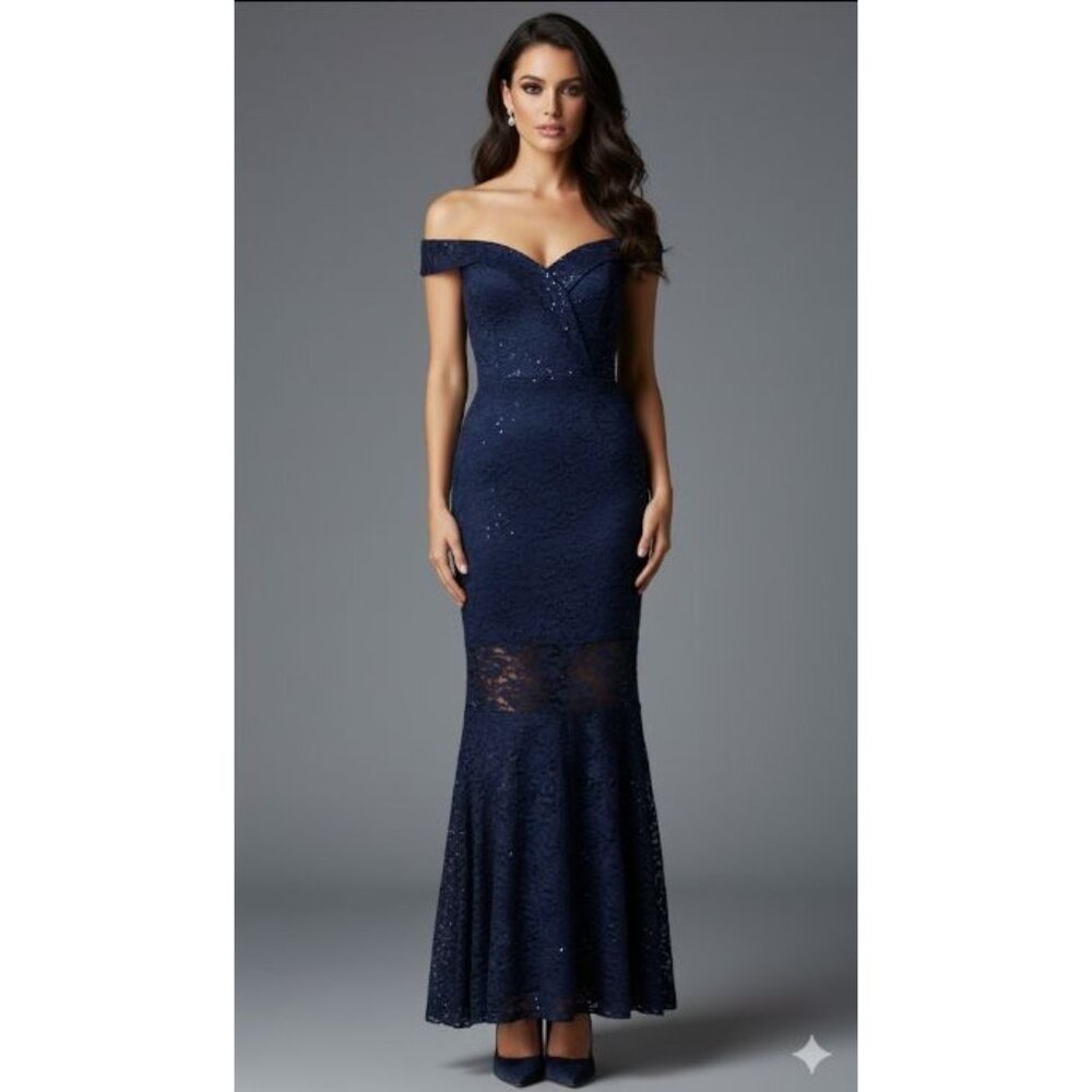 NWOT Quiz Bardot Embellished Sequin Cocktail Formal Prom Gown Navy Blue 4